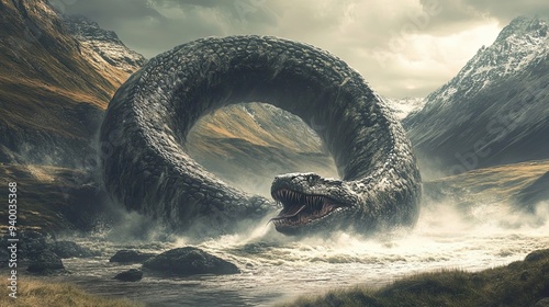 A Giant Serpent Forming a Ring Around Mountains photo