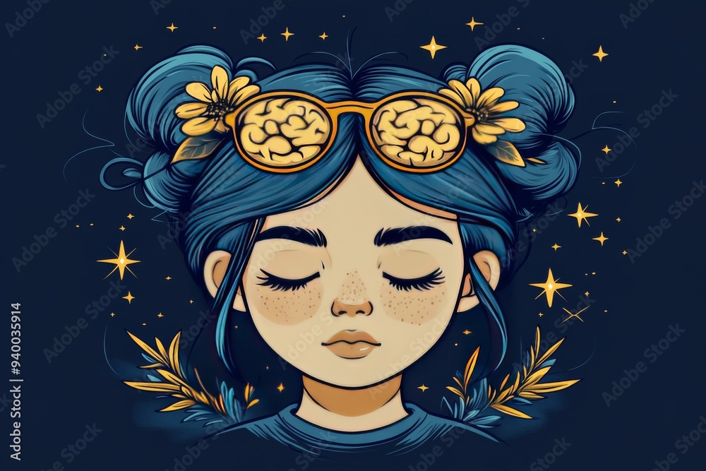 Surreal illustration of a young girl with a crown of gears and a serene expression representing the balance of creativity and thought processes captured in a whimsical and imaginative style Surreal illustration of a young girl with a crown of gears and a serene expression representing the balance of creativity and thought processes captured in a whimsical and imaginative style