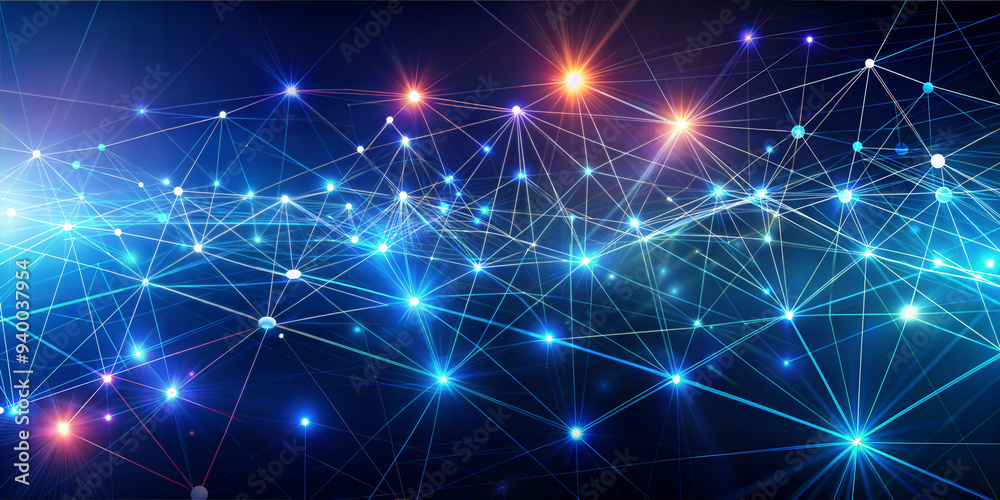 Fototapeta premium Abstract background digital network with glowing nodes and lines, blue and orange tones