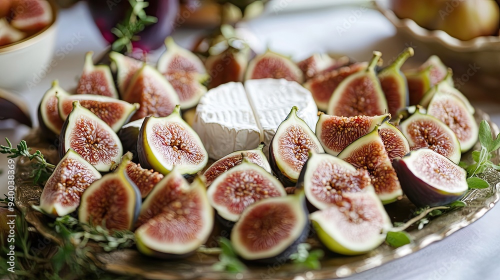 Sliced Figs and a Wheel of Brie Cheese on a Silver Platter Sliced Figs and a Wheel of Brie Cheese on a Silver Platter