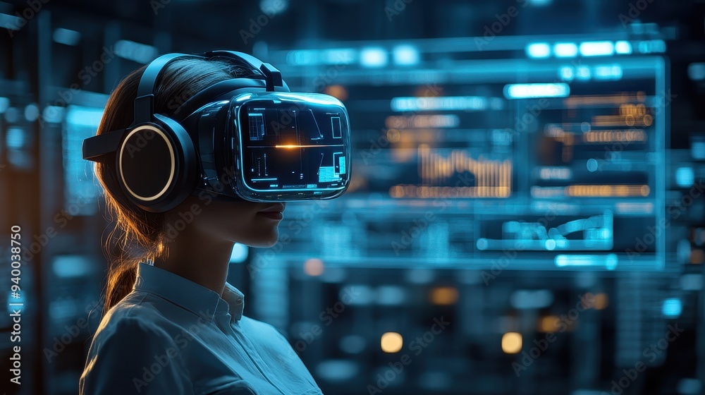 Woman Experiencing Virtual Reality in a Futuristic Setting Woman Experiencing Virtual Reality in a Futuristic Setting