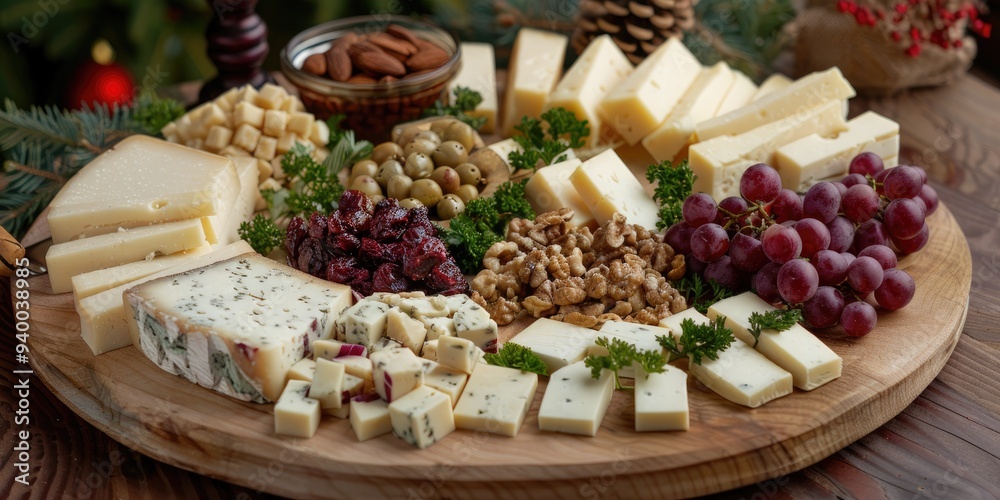 Cheese Selection Featuring Imeretian and Smoked Suluguni Accompanied by Grapes and Nuts Arranged on a Wooden Board Traditional Cuisine Without People Cheese Selection Featuring Imeretian and Smoked Suluguni Accompanied by Grapes and Nuts Arranged on a Wooden Board Traditional Cuisine Without People