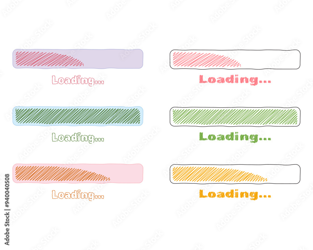 Obraz premium Collection Loading bar status icon. Vector illustration. Set of vector loaded icons. Download progress. Donload or Upload. Hand-drawn sketch-scribble.