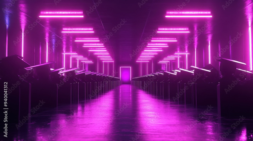 Futuristic Neon Corridor with Purple Glow and Reflective Floor