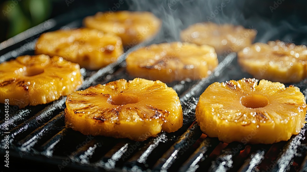 Grilled Pineapple Slices on a Black Grill