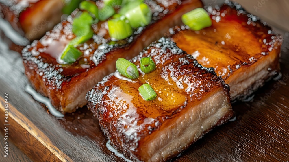 Crispy Pork Belly with Green Onion Garnish on a Wooden Board Crispy Pork Belly with Green Onion Garnish on a Wooden Board
