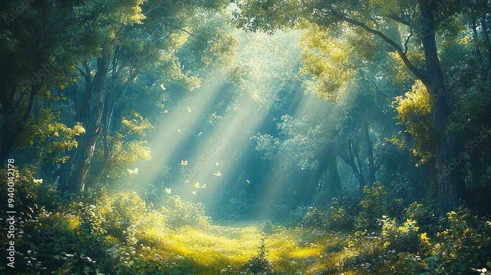 Mythical woodland with rays of sunlight shining through the canopy perfect for fantasy-themed backgrounds