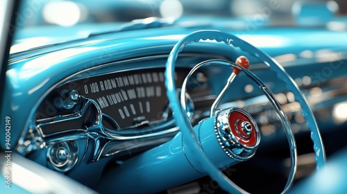 Classic Car Interior   Blue Steering Wheel and Dashboard photo