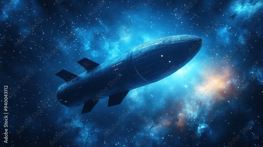 Spacecraft Rocket Flying Through Galaxy with Stars and Nebula