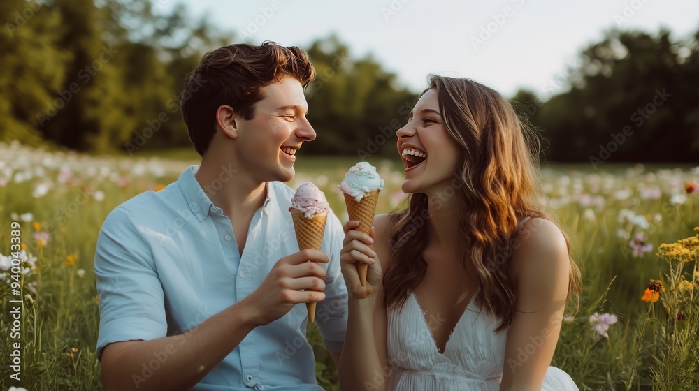 Obraz premium A couple enjoys ice cream in a flower-filled field, laughing under a sunny blue sky.