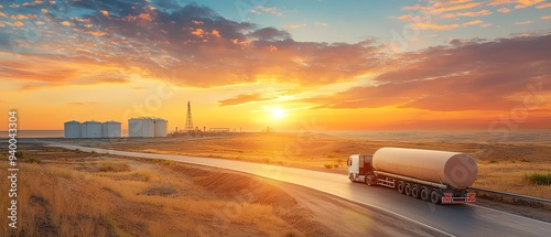 Scenic view of a truck traveling along a road at sunset, with industrial buildings in the background under a colorful sky. oil drilling concept. photo