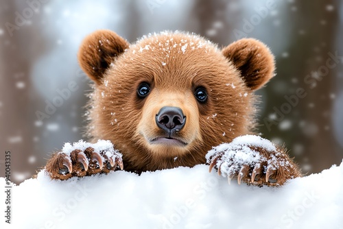 A bear cub playing in the snow, with snowflakes clinging to its fur and a joyful, carefree expression on its face