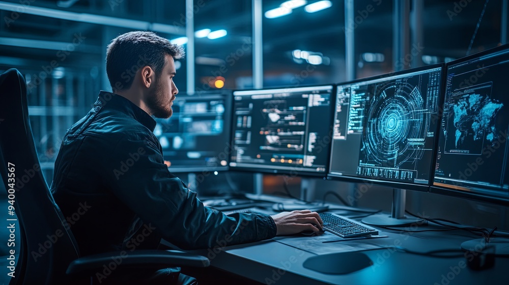 Efficient Leadership: A Modern Team Leader's Minimalist Desk Setup with Multiple Monitors, Soft Lighting and a Calm Work Atmosphere Efficient Leadership: A Modern Team Leader's Minimalist Desk Setup with Multiple Monitors, Soft Lighting and a Calm Work Atmosphere