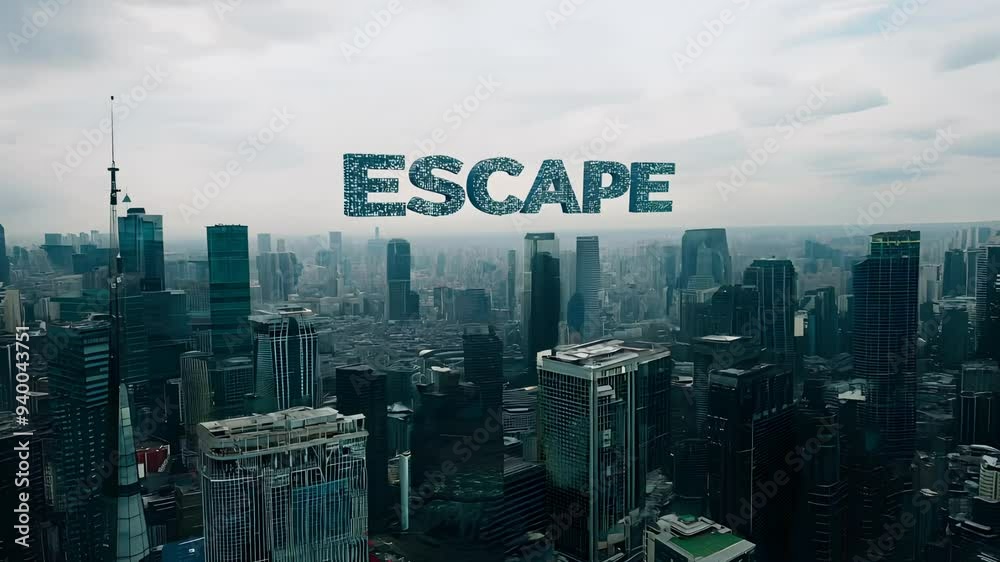 Aerial view of Skyscrapers with the word ESCAPE floating in the air Aerial view of Skyscrapers with the word ESCAPE floating in the air