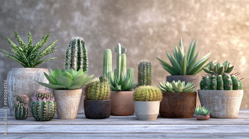 3D rendering of assorted cactus and succulent house plants in pots on a wooden table background 3D rendering of assorted cactus and succulent house plants in pots on a wooden table background