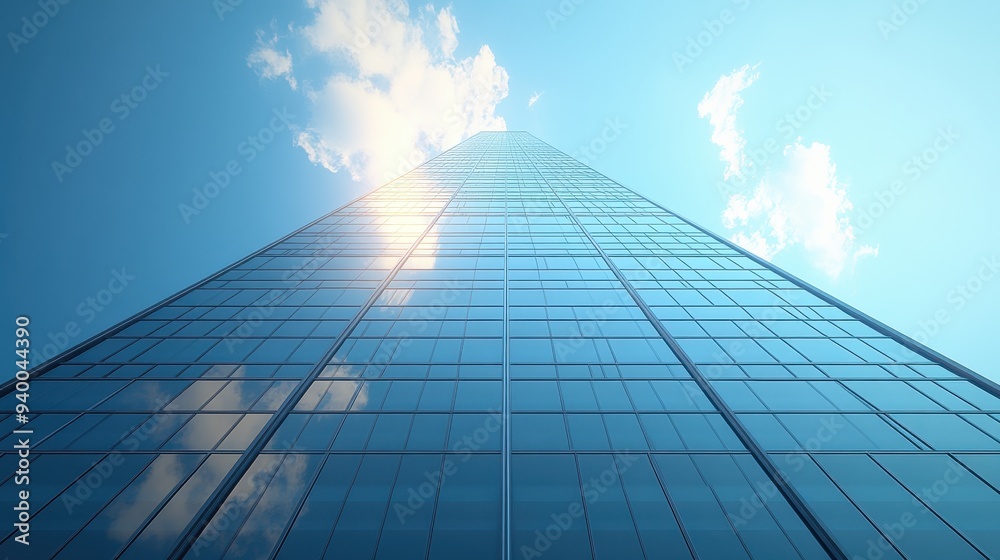Modern Skyscraper Building with Blue Glass Facade and Cloudy Sky