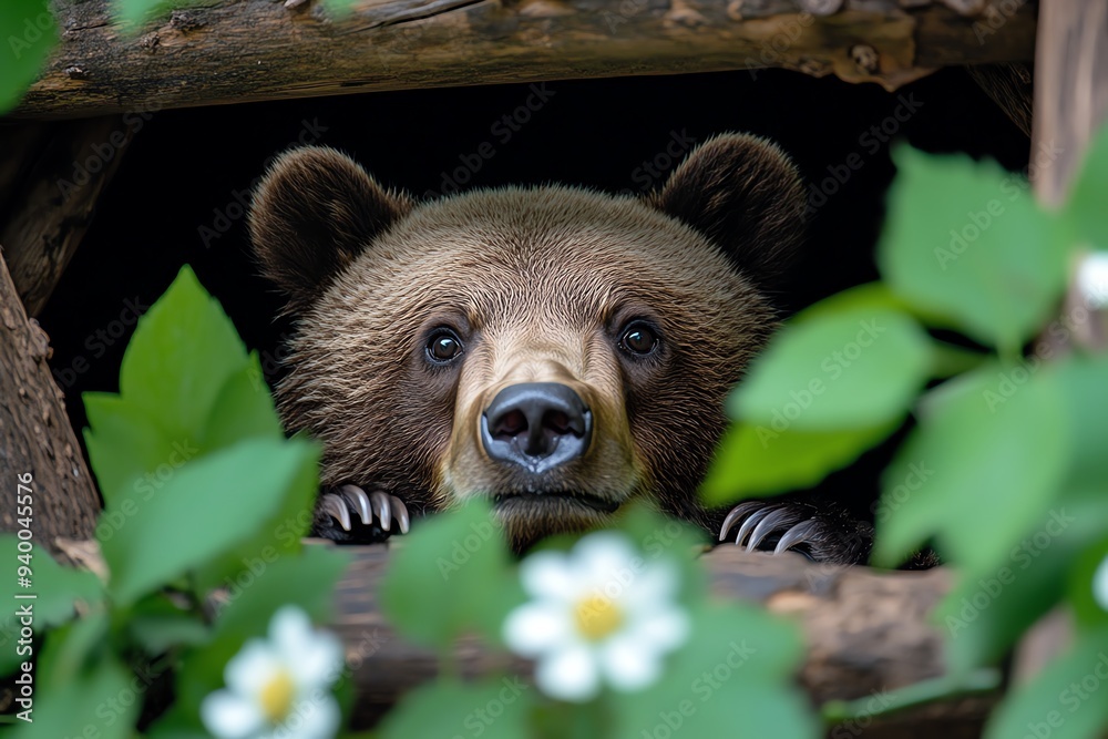 A bear emerging from hibernation in the spring, with fresh green leaves ...
