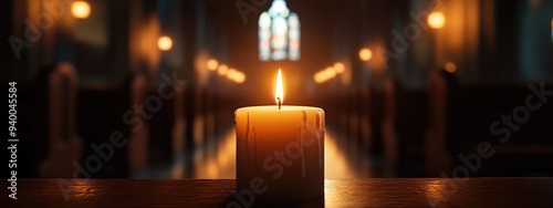 Close up of a candle in a dark church with 3D rendering evoking a sense of spirituality