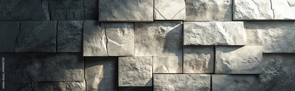 3D rendering of an ancient stone gray wall fragment illuminated by sunlight 3D rendering of an ancient stone gray wall fragment illuminated by sunlight