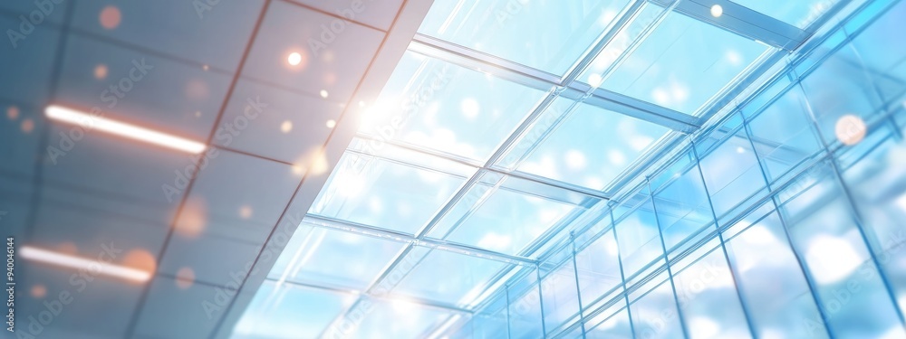 Defocused 3D rendering of glasses ceiling within a building Defocused 3D rendering of glasses ceiling within a building