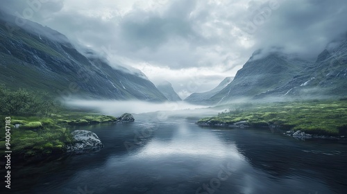 Misty Mountain Valley with River and Fog