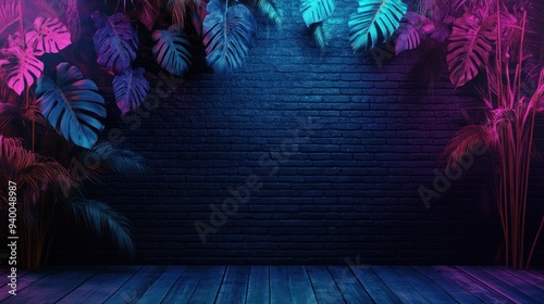 Neon Tropical Brick Wall Background