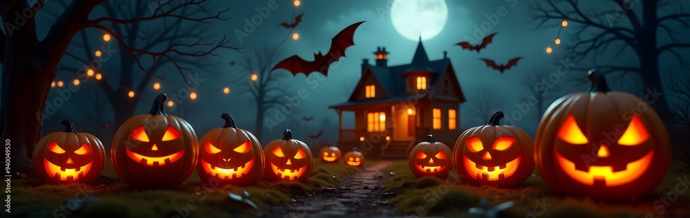 Glowing Jack-o'-lanterns line a path to a haunted house, under a full moon with bats flying overhead Glowing Jack-o'-lanterns line a path to a haunted house, under a full moon with bats flying overhead