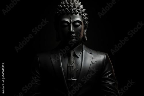 暗闇の中でスーツを着た仏像,Generative AI AI画像
