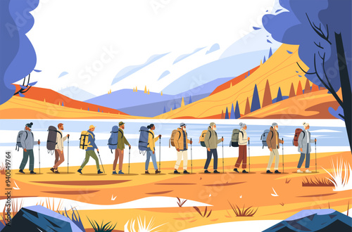 Hikers trekking mountain landscape group outdoor adventure scenic nature autumn colors hills trees backpacks walking sticks blue sky