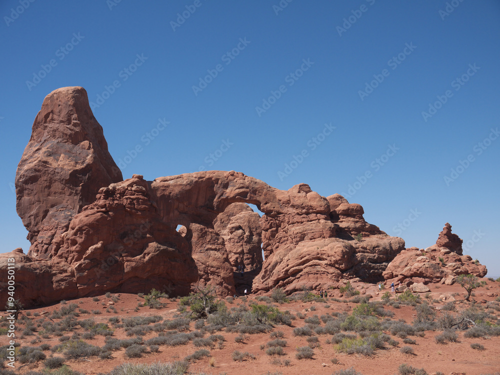 Famous Turret Arch and surrounding red rock desert landscape, Arches National Park, Utah Famous Turret Arch and surrounding red rock desert landscape, Arches National Park, Utah