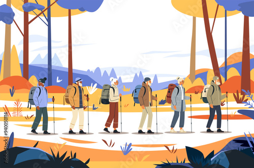 Group of hikers trekking in forest colorful landscape mountains trees backpacks outdoor adventure nature scene
