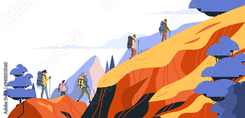 Hikers climbing mountain outdoor adventure colorful landscape trees