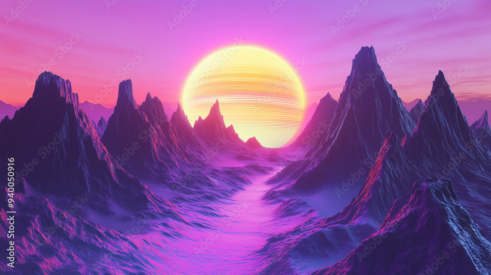 Landscape Format Rave 3d Retro futuristic fantasy landscape, world, travel. Acid rave concept ...