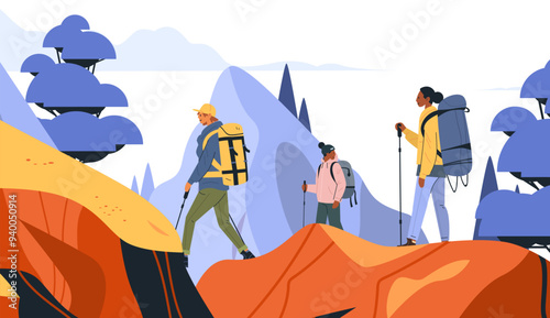 Hikers trekking mountains outdoor adventure scenic nature colorful landscape backpacks trees hills