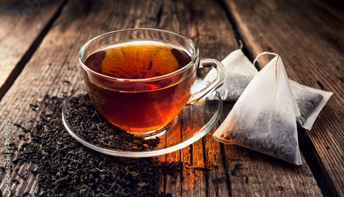  A transparent glass cup of black  and dry tea in bags on the background of scattered tea leaves  on wooden background,