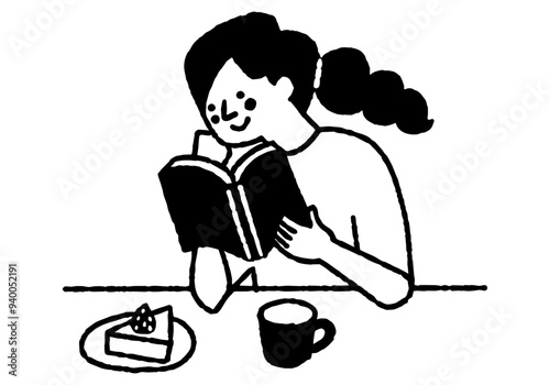 Woman reading a book while eating cake_2