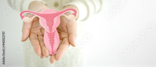 Woman hands holding uterus, female reproductive system , woman health, PCOS, gynecologic and cervix cancer concept