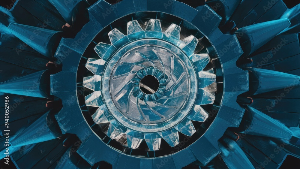 Obraz premium 3D Rendering of Blue Glass Gear Mechanism