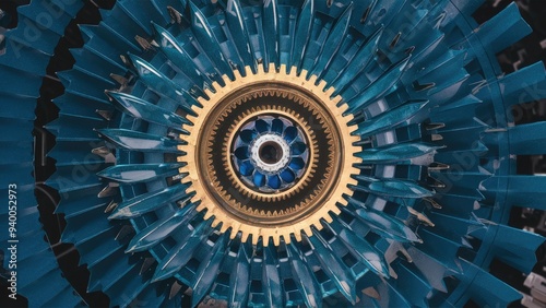  3D Rendering of Blue Glass Gear Mechanism