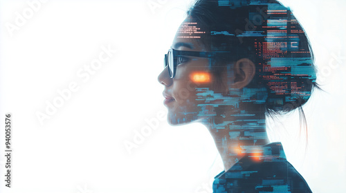 Female IT specialist learns to analyze code and data technology, cyber security, impact of artificial intelligence augmented reality, side profile, copy space. AI generation