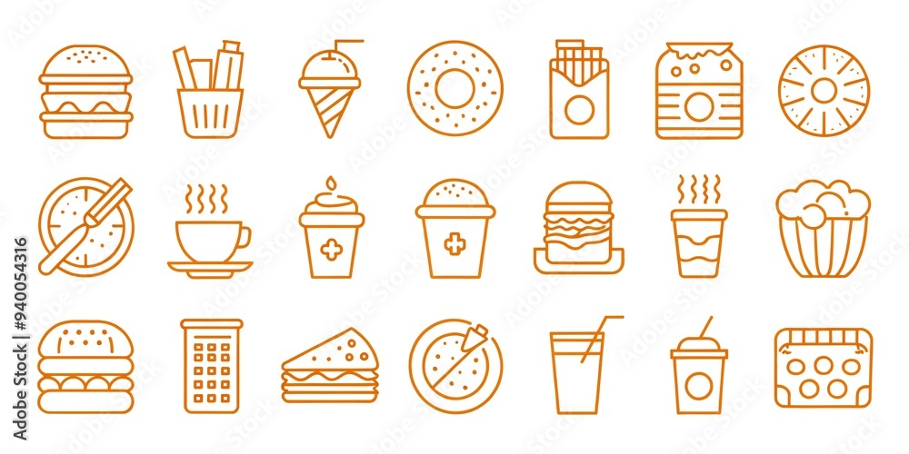 Fast food line icon set. Burger sandwich pizza hot dog cola coffee sweets Fast food line icon set. Burger sandwich pizza hot dog cola coffee sweets