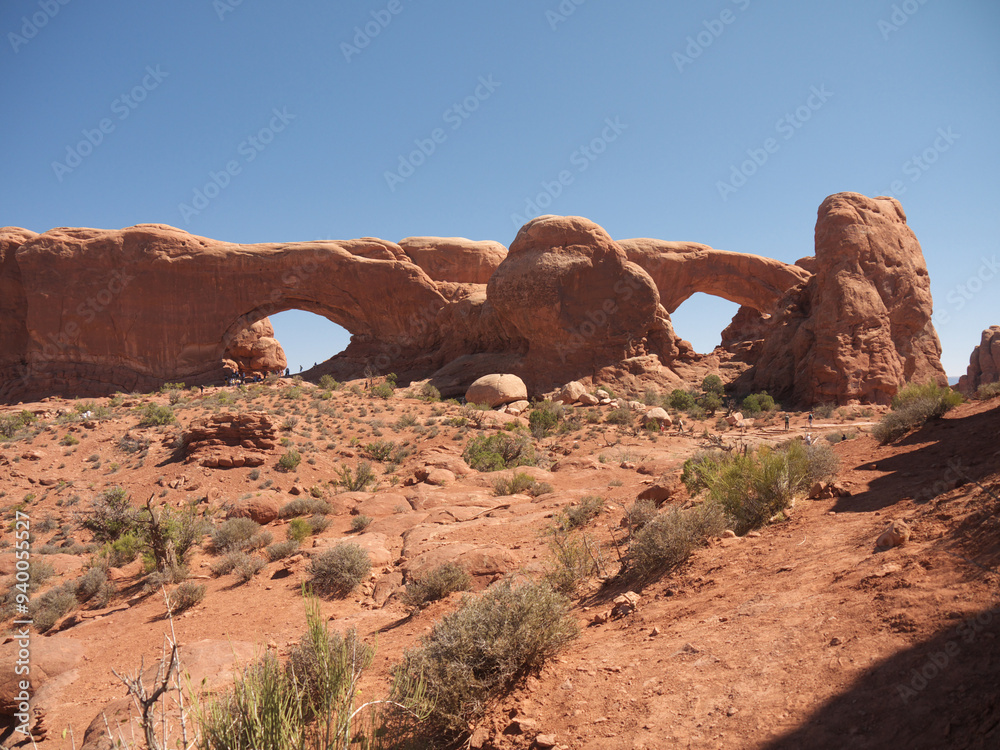 Giant Windows Arch and surrounding red rock desert landscape, Arches National Park, Utah Giant Windows Arch and surrounding red rock desert landscape, Arches National Park, Utah
