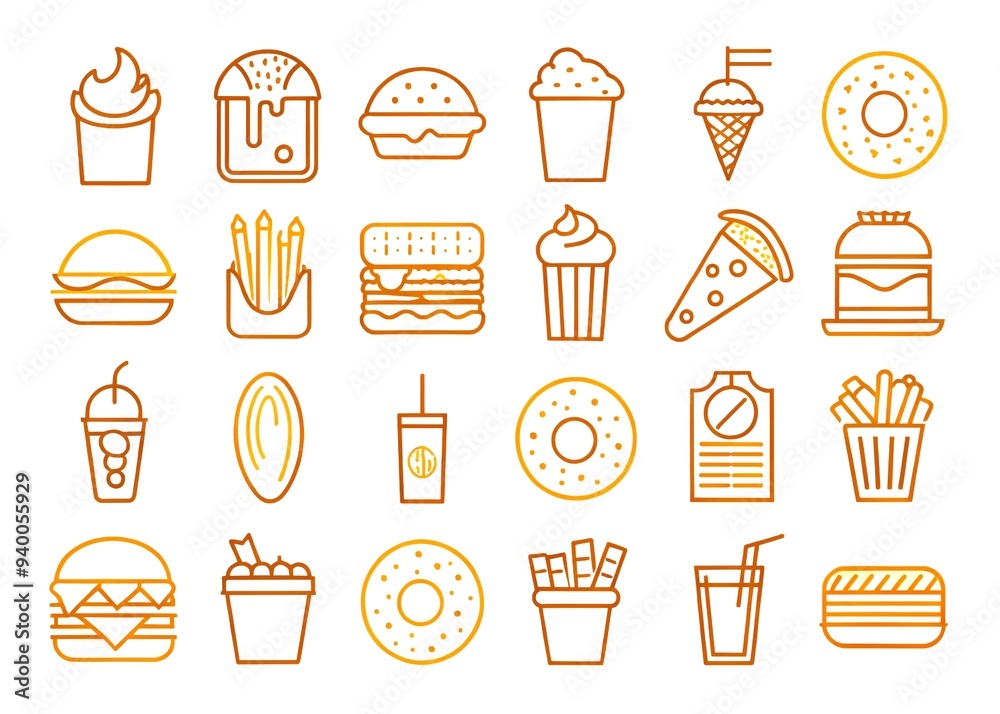 Fast food line icon set. Burger sandwich pizza hot dog cola coffee sweets