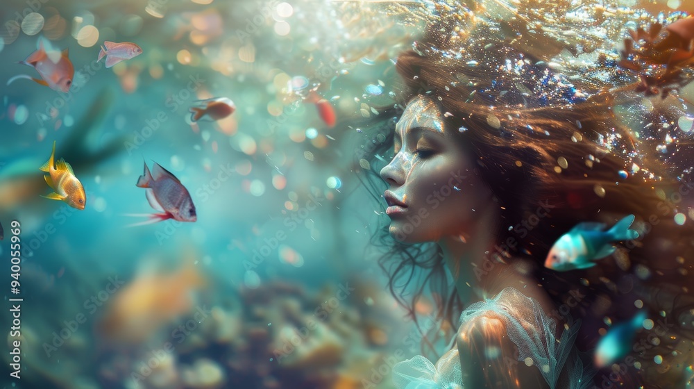 A dreamy underwater scene featuring a serene woman surrounded by colorful fish, with soft light filtering through the water.. A dreamy underwater scene featuring a serene woman surrounded by colorful fish, with soft light filtering through the water..