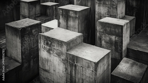 A striking black and white photo of varied concrete blocks evokes urban decay and resilience.