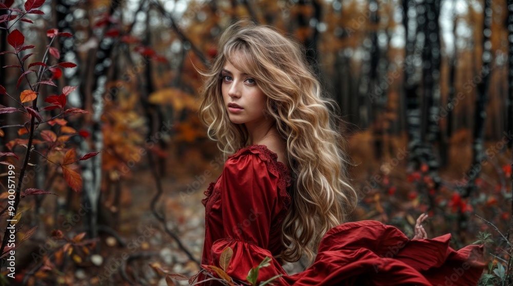 A young woman in a flowing red dress stands in an autumn forest, surrounded by vibrant leaves and a contemplative atmosphere.. A young woman in a flowing red dress stands in an autumn forest, surrounded by vibrant leaves and a contemplative atmosphere..