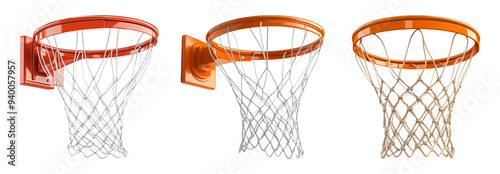 Basketball hoops with nets in different angles isolated on transparent background