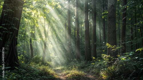 Gentle sunbeams filter through the lush green canopy of a tranquil forest, creating a peaceful and ethereal atmosphere..