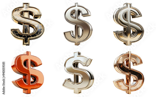 Metal dollar signs in different finishes isolated on transparent background photo