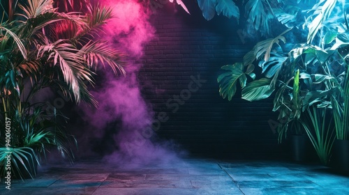 Tropical Plants with Neon Lights and Smoke photo